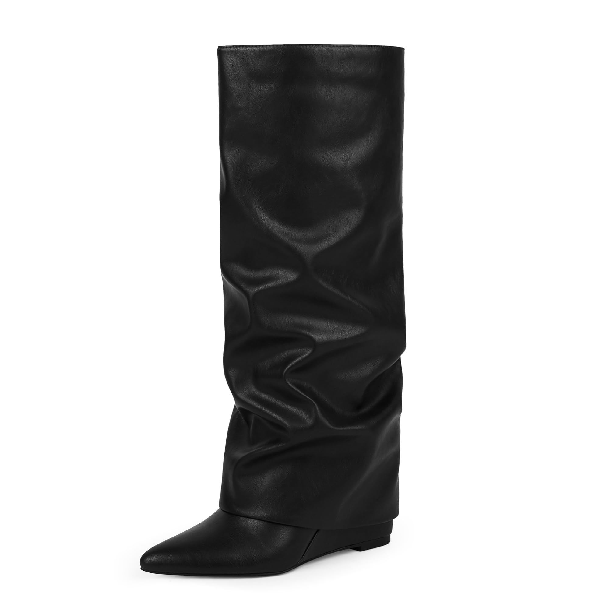 Modatope Knee High Boots Women Fold Over Boots Wedge Heel Slouchy Tall Boots Zipper Pointed Toe Dress Fall