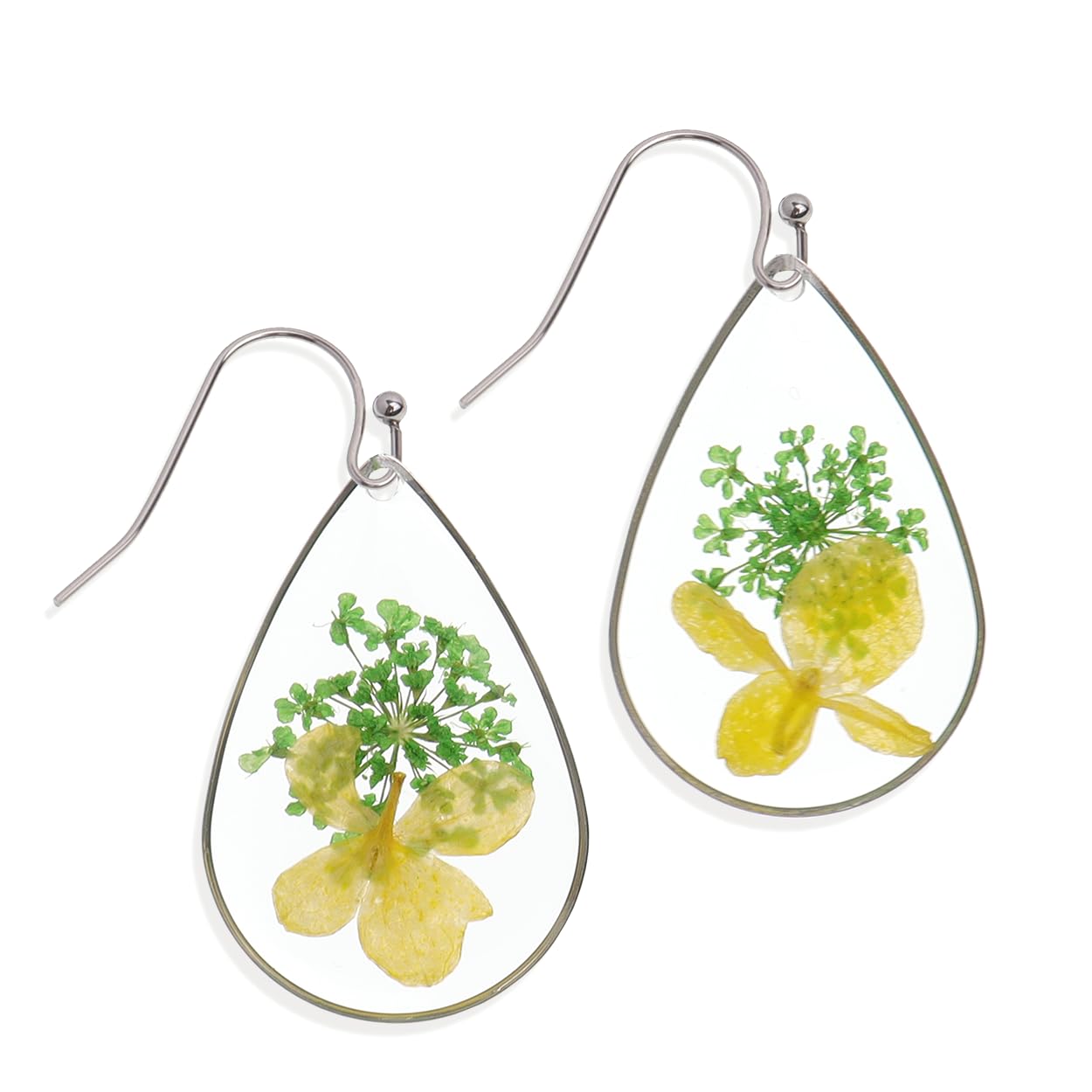 Jean Beau Handmade Pressed Flower Earrings for Women, Unique Resin Dried Flowers Sterling Silver Teardrop Dangle Drop Nature Floral Earings Fashion