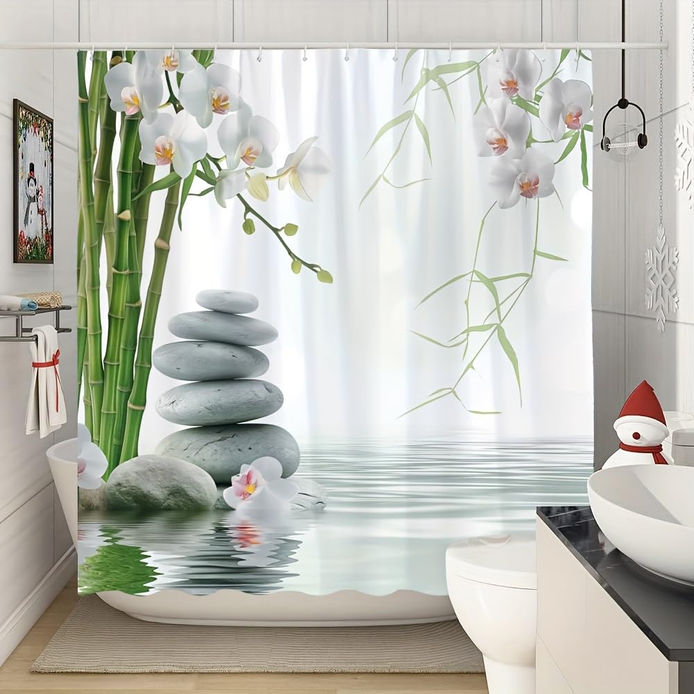 GLKSDLPO Shower Curtain with Zen Inspired Design Featuring Stacked Stones Bamboo and Orchids for a Relaxing Bathroom(175x178cm/69x70in(WxH))
