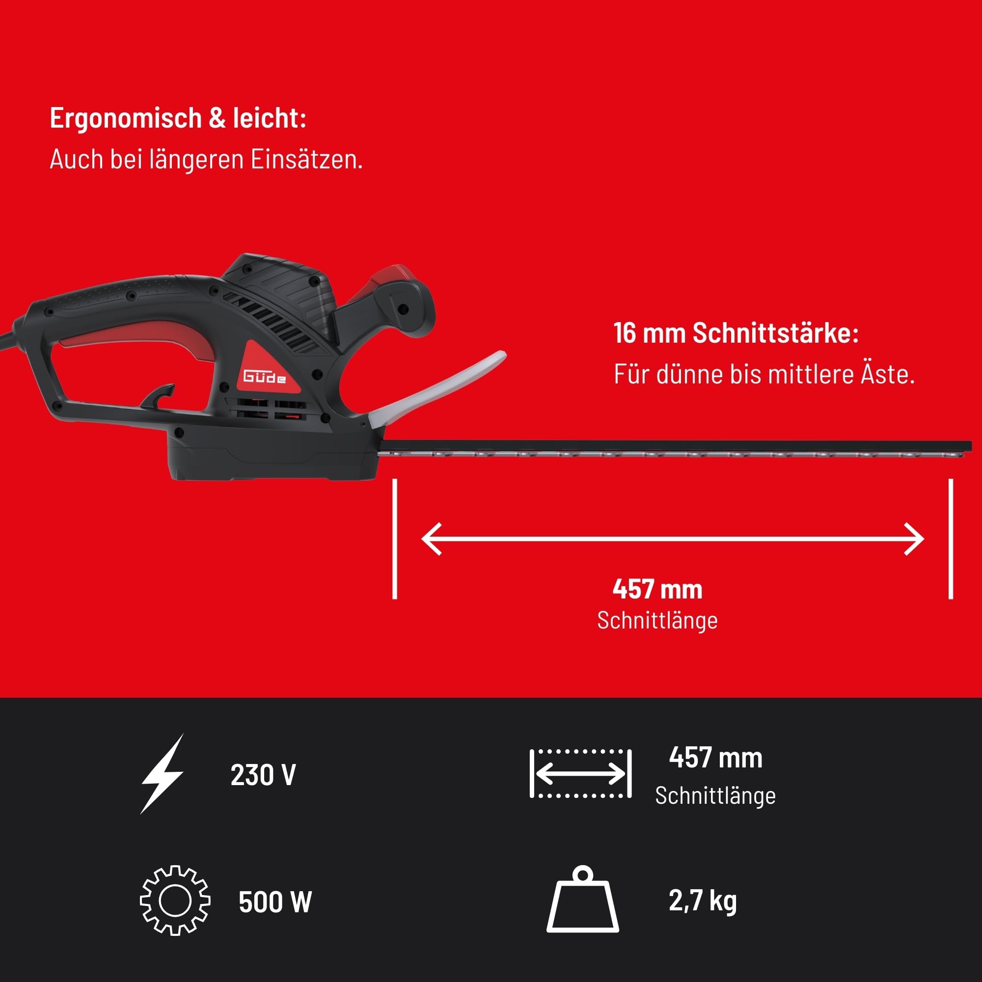 Güde GEH 510-500 Elektro-Heckenschere - 230 Volt, 500 Watt Motorleistung, 45,7 Zentimeter Schnittlänge, 1,6 Zentimeter Schnittstärke, Elektrische Schnellstopp-Bremse, Ergonomisches Design