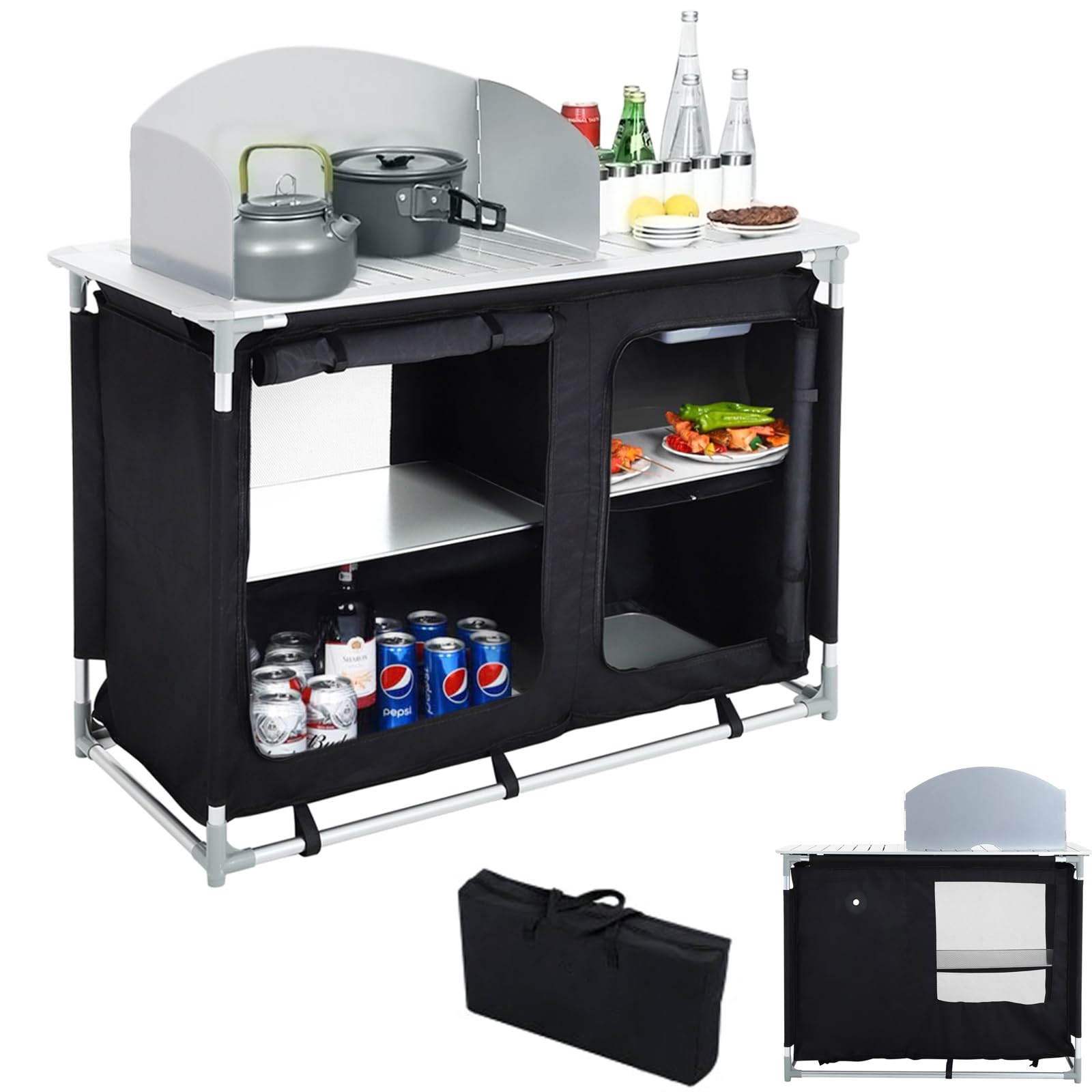 Warmiehomy Folding Camping Storage Cupboard Portable Camping Kitchen Unit with Aluminium Frame, 1 double cupboard+1 panel, Black, 118×54×114cm