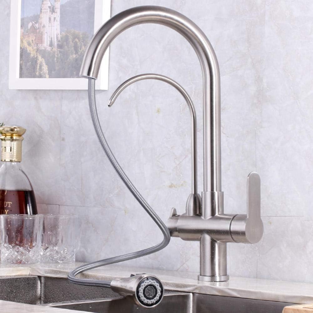 Rubinetto da Cucina 3 in 1 in Acciaio Inox Spazzolato, Acqua Fredda, Girevole, Purificatore d'Acqua.