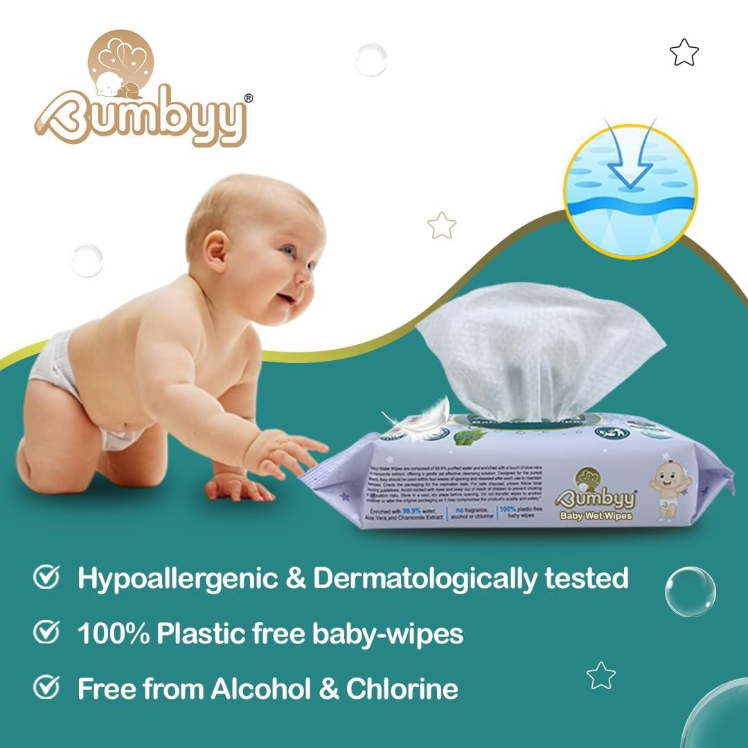 Lot de 12 lingettes humides biodégradables pour bébé, 99,9 % à base d'eau, non parfumées à l'aloe vera et à l'extrait de camomille, 100 % à base de plantes, sans alcool et sans chlore