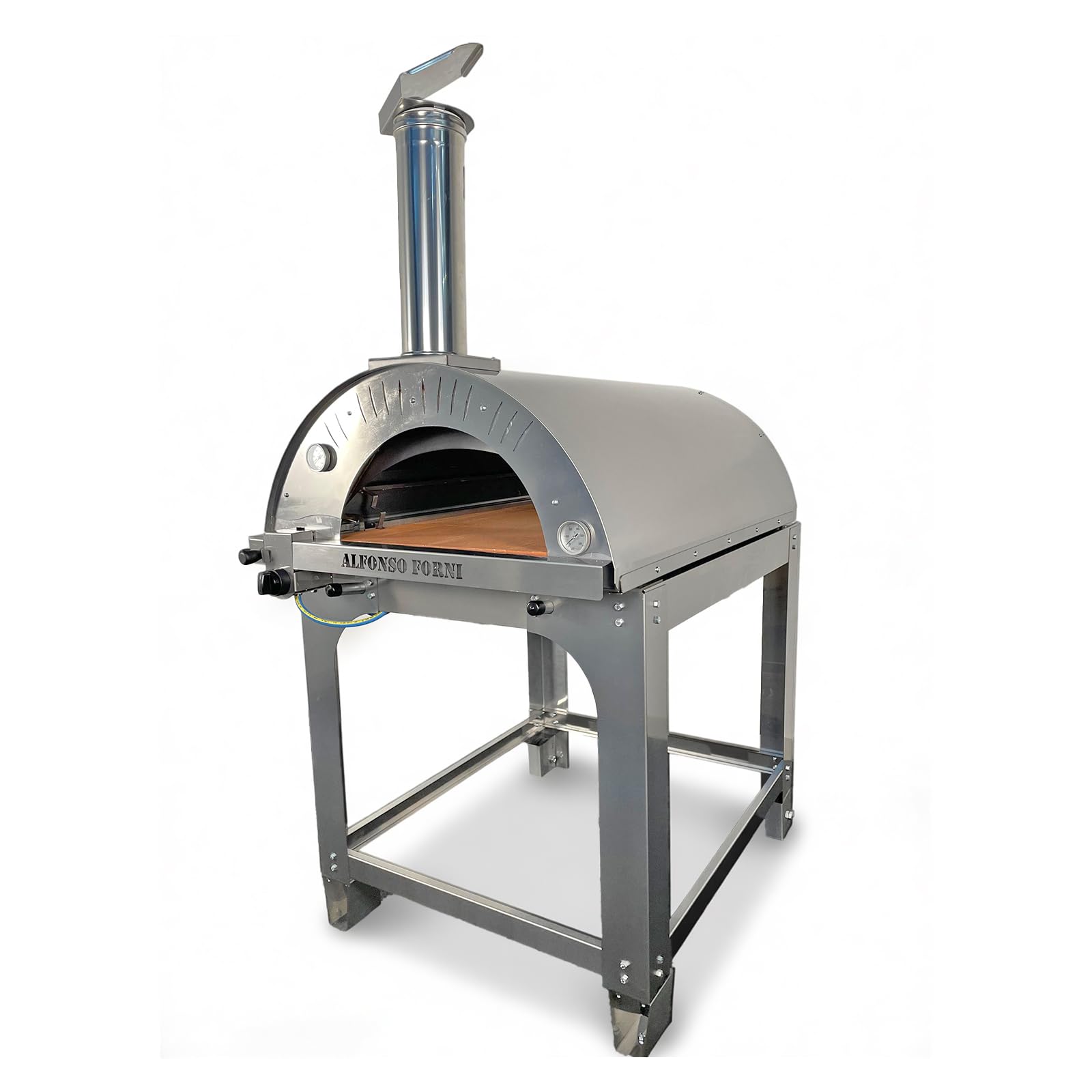 Forno pizza ibrido a gas e legna 6 pizze con tetto e carrello in acciaio inox, uso a legna o con bruciatore a gas, pietra refrattaria 3 cm, 500 gradi, Made in Italy (con bruciatore e valvola metano)