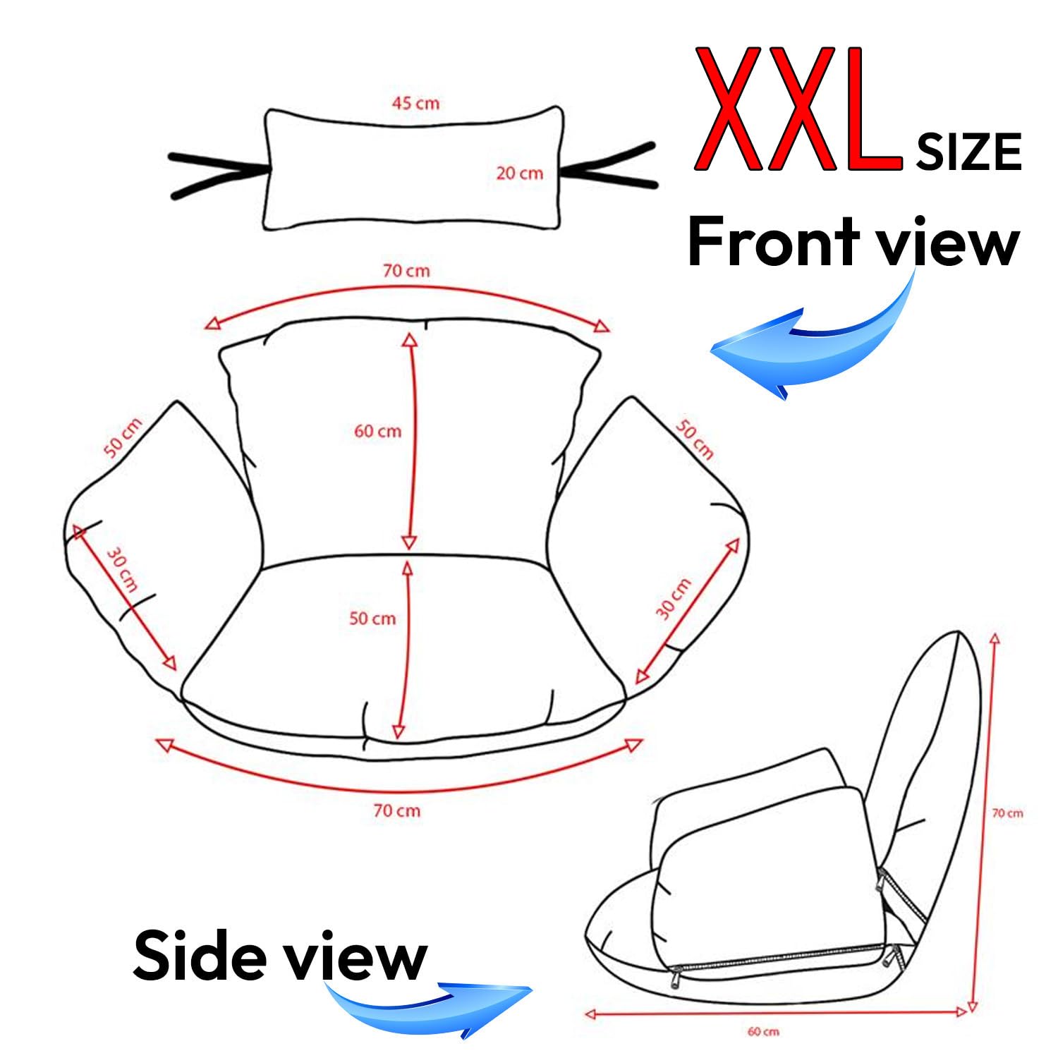 Ferocity Cojín de Silla de Hamaca XXL, Colgante Huevo Cojines, Columpio Silla Cojín Respaldo con Almohada para la Cabeza, Cjín Impermeable, para Patio Jardín, Grafito [114]