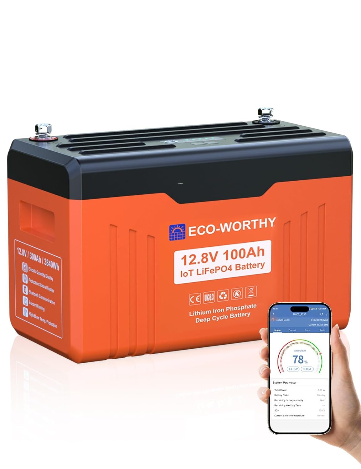 ECO-WORTHY Batterie Lithium 12V 100AH Bluetooth Batterie Lifepo4 avec Protection Basse température et 100A BMS,1280Wh Batterie pour Camping-Car, Panneau Solaire, Kit Solaire, Bateau, Moteur Trolling