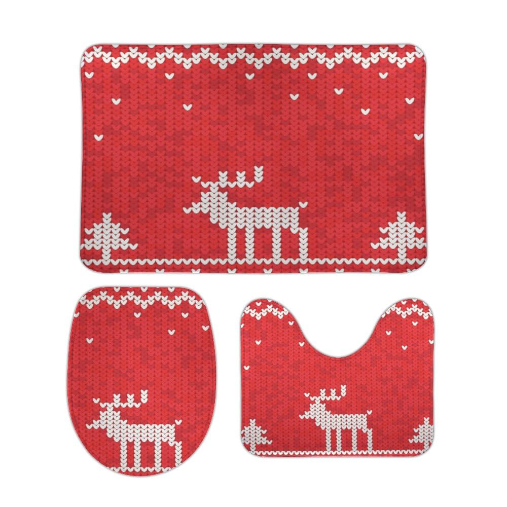 Nuansexi Bathroom Rug Sets Knitted Pattern Deer Christmas Trees Red Bath Toilet Rugs Set 3 Piece Anti Slip U-Shape Contour Toilet Mat Coral Velvet Absorbent Machine Washable Bathroom Toilet Decor