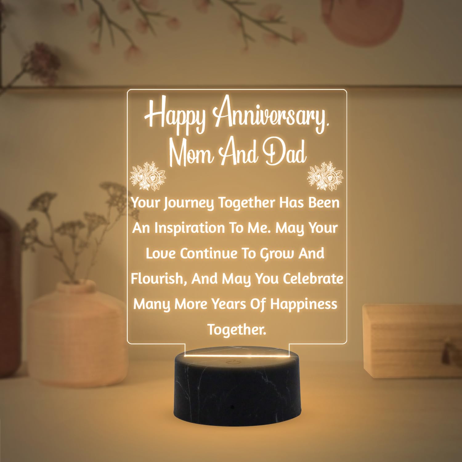Gift Me Bazar Happy Anniversary Mom & Dad Engraved Night Lamp with Warm White Light & On/Off Touch Button | Anniversary Gift for Mom & Dad | 25th & 50th Anniversary Gift for Parents