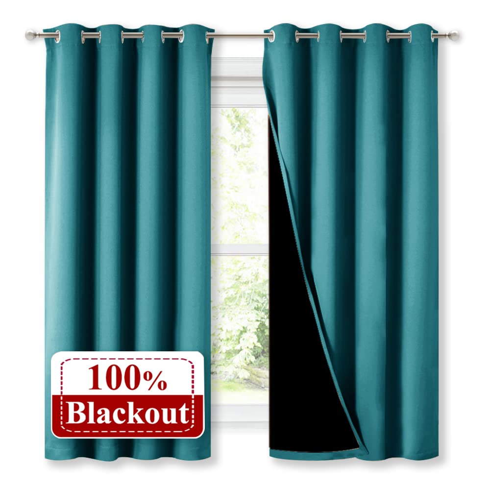 NICETOWN 100% Blackout Curtains with Black Liner, Thermal Insulated Full Blackout 2-Layer Lined Drapes, Energy Efficiency Window Draperies for Bedroom (Peacock Teal, 2 Panels, 52-inch W by 63-inch L)