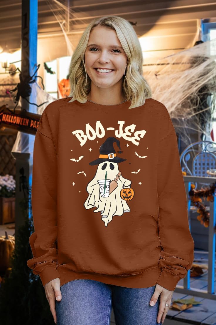 MOUSYA Halloween Sweatshirt Women Halloween Cute Ghost Graphic Sweatshirts Funny Boo Jee Ghost Long Sleeve Pullover Tops
