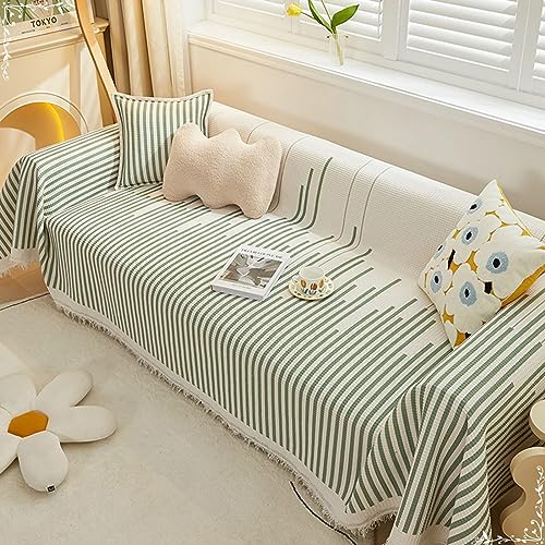 ANAZOZ Fundas para Sofás de Una Plaza,Funda Manta Sofa Verde Blanco Funda Protector Sofa 180x150CM Funda de Sofa Lino Algodón Patrón de Rayas con Borlas