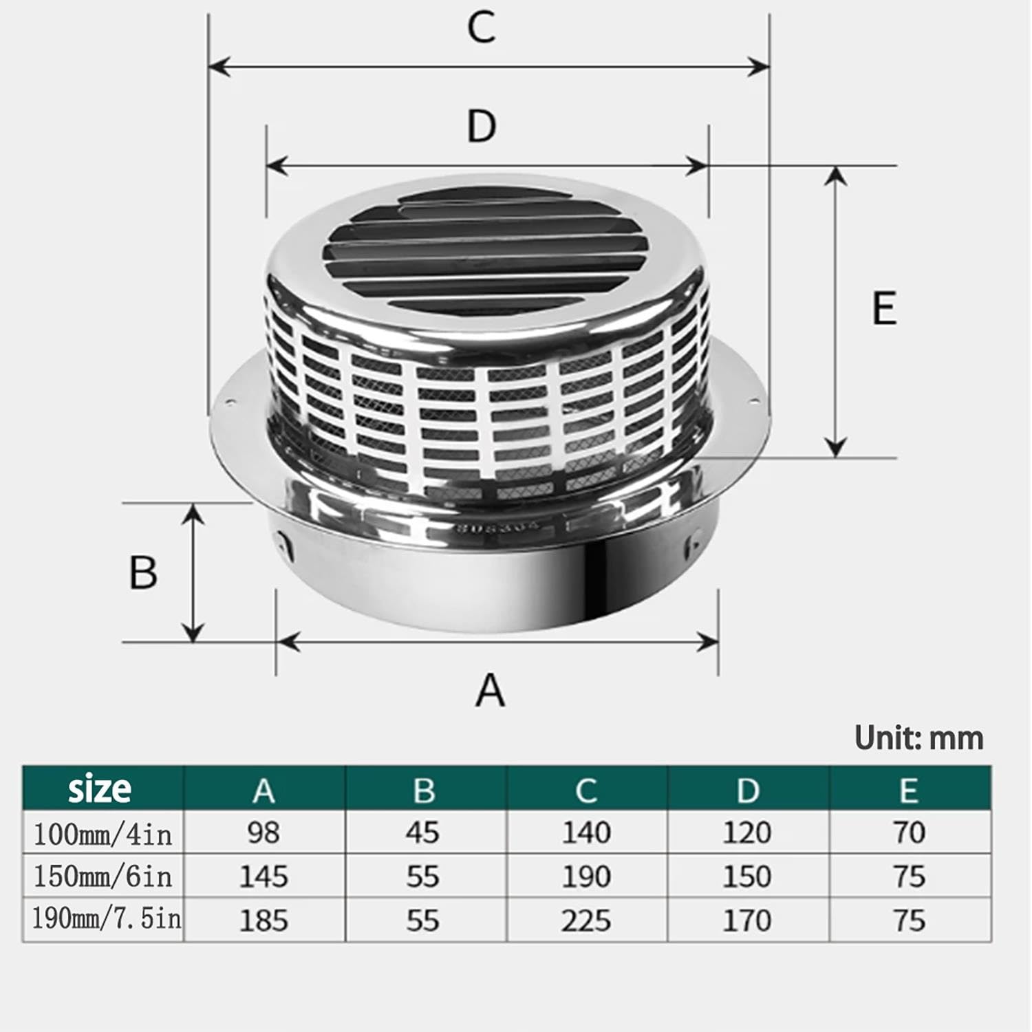Generico 100 150 190mm Cappa di Sfiato Cilindrico Aerazione Inox