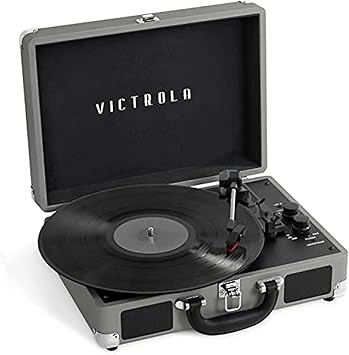 Victrola Journey+ Bluetooth Suitcase Record Player Built-In Speakers, 33-1/3, 45 & 78 RPM Vinyl Record Player, RCA Out, Headphone Jack, Wireless Streaming New Grey