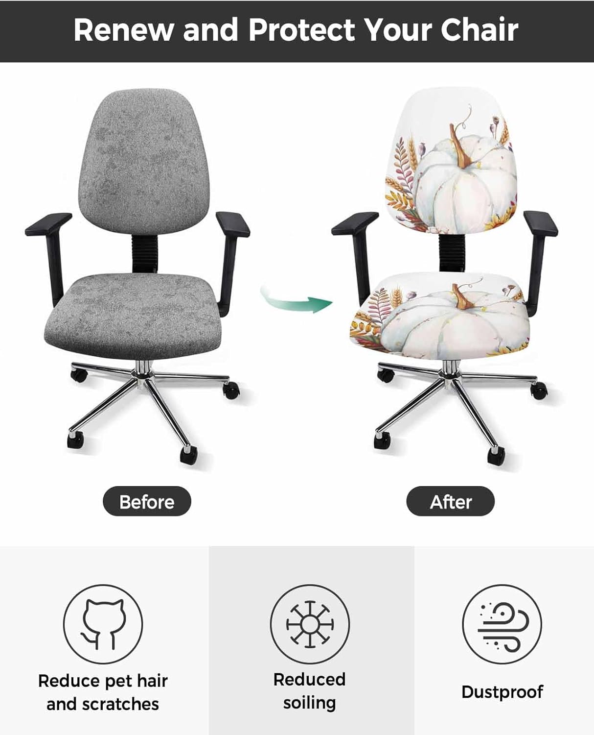 Fall Pumpkin Office Chair Covers Stretchable 2 Piece, Soft Decorative Computer Desk Chair Cover Protector Universal Rotating Chair Slipcover Thanksgiving Autumn Sunflower Leaves Wheat