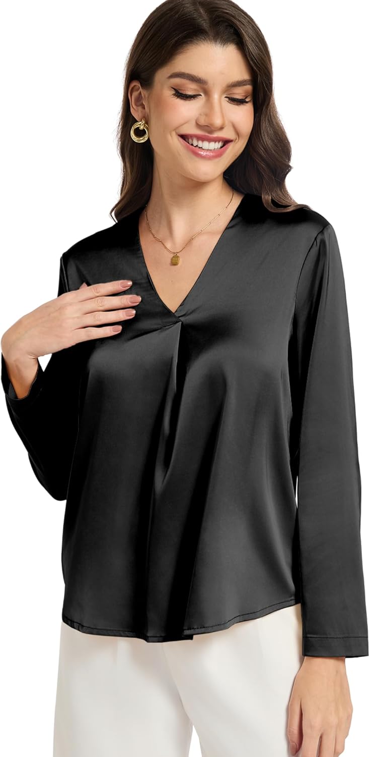 Womens Silk Satin Blouses V Neck Long Sleeve Tops Casual Dressy Shirts - Image 4