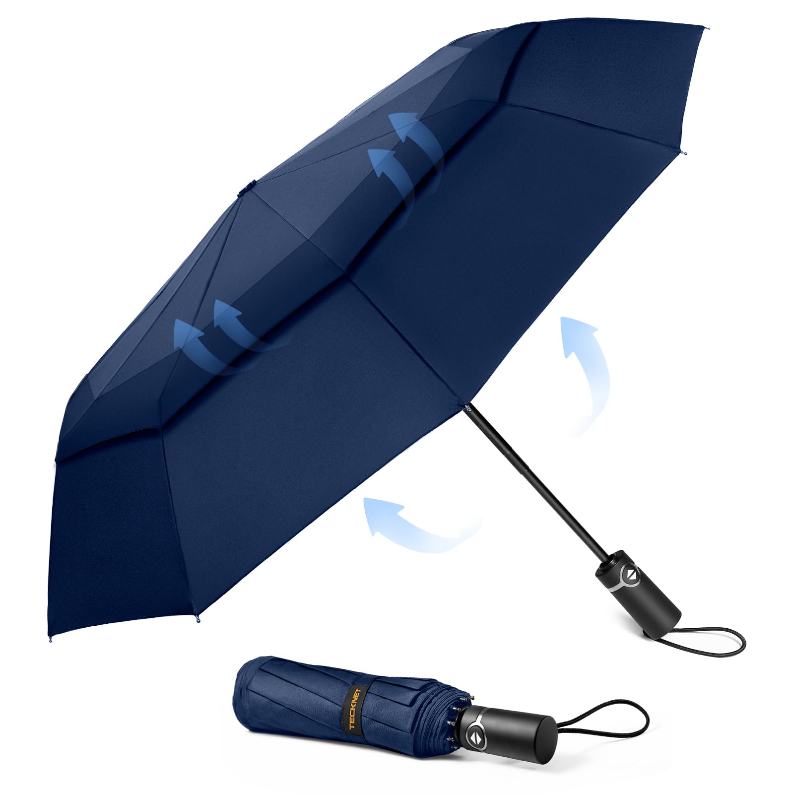 TECKNET Windproof Automatic Umbrella - Strong Compact Travel Umbrella With 10 Ribs, Large Wind Resistant, Folding Lightweight for Golf and Rain, Blue