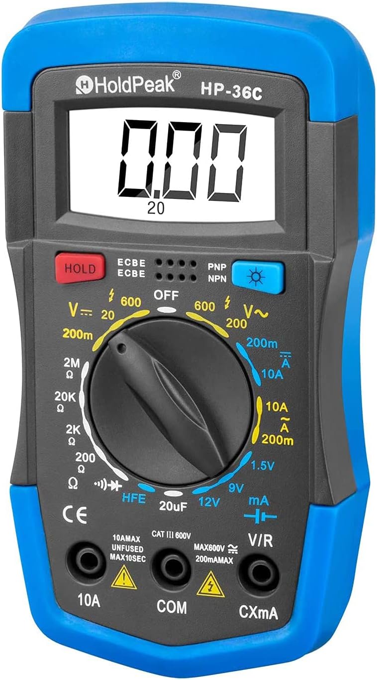 HOLDPEAKDigital Multimeter Tester 2000 Counts HP-36C Manual Rangingfor AC/DC Voltage Meter, Amp Volt Ohm Current Resistance Diode hFE Temperature Battery Testing with Backlight