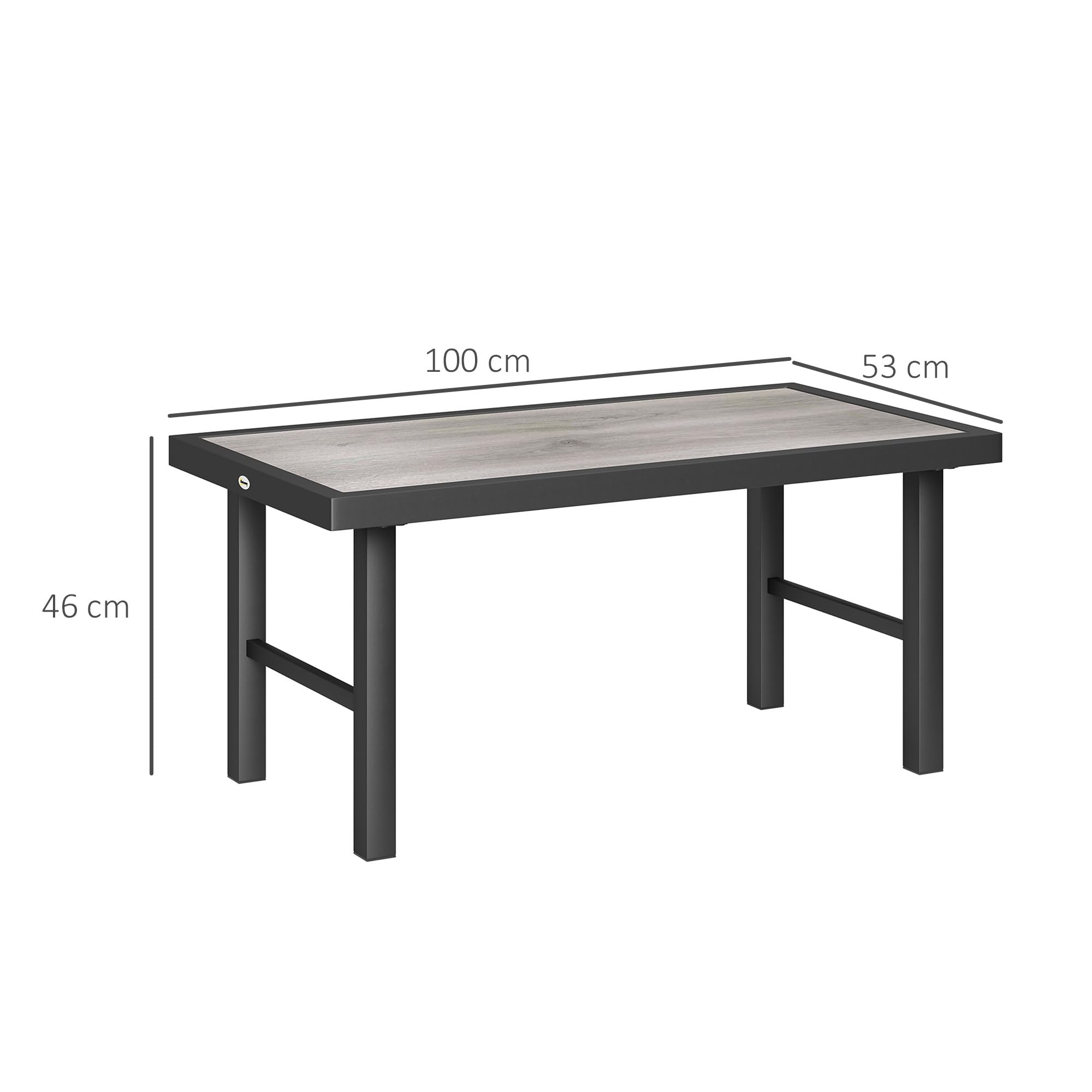Outsunny Table Basse de Jardin rectangulaire Table de Jardin avec Plateau SPC à Effet Bois pour intérieur/extérieur en métal, 100 x 52 x 46 cm, Effet Bois Gris