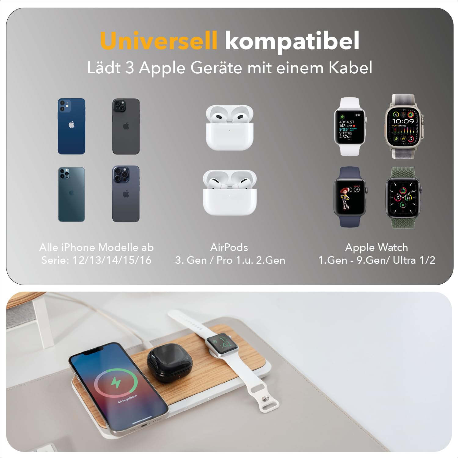 Woodcessories Multibase Pro - Estación de carga 3 en 1 de madera, cargador Magsafe, cargador inalámbrico compatible con iPhone, Apple Watch, Air Pods + adaptador de potencia de 45 W, roble