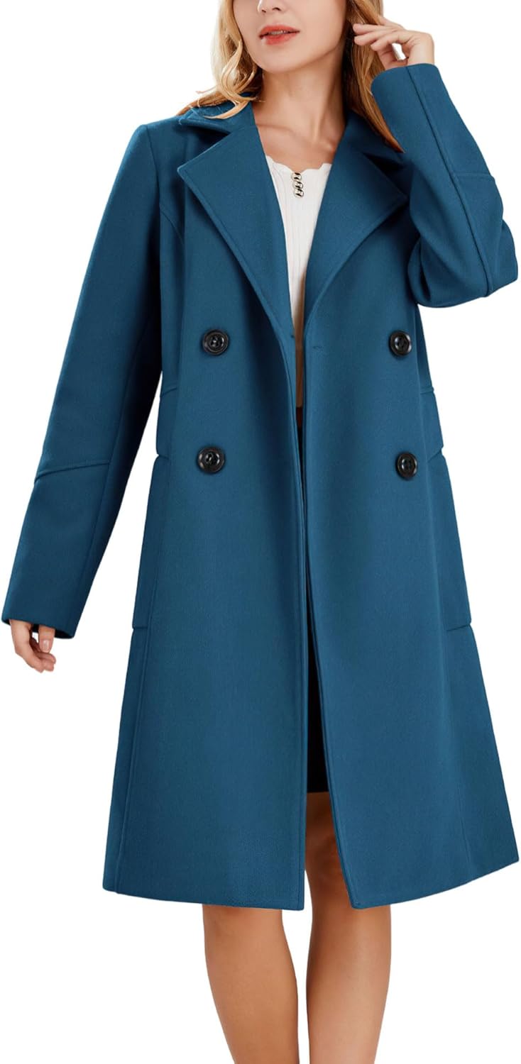 chouyatou Women's Basic Essential Double Breasted Mid-Long Wool Blend Pea Coat