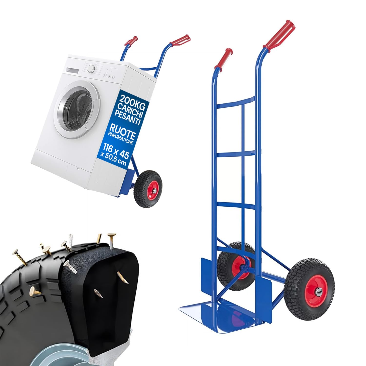 Avilia - Carrello con Ruote Portatutto in Acciaio da 200Kg per Trasporto Sicuro di Carichi Voluminosi, con Maniglie Antiscivolo, Ruote e Struttura Compatta Maneggevole (Blu)
