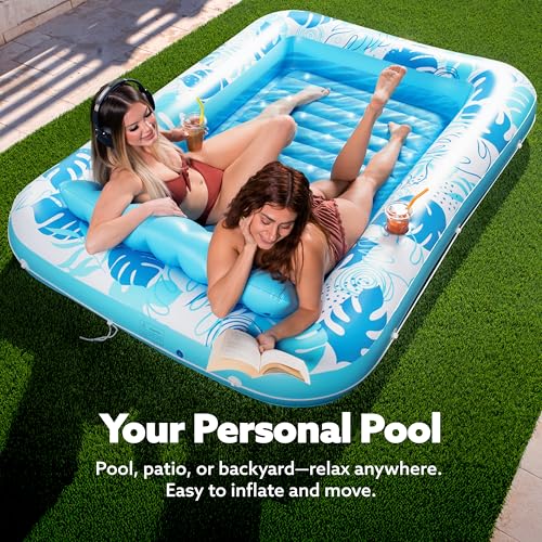 sloosh inflatable tanning pool lounger float 8534 x 5734 extra large pool floats adult with pillow 4 in 1 suntan tub raft floatiesunbathing bed lounge for water blow up ball pit party gifts xl-blue