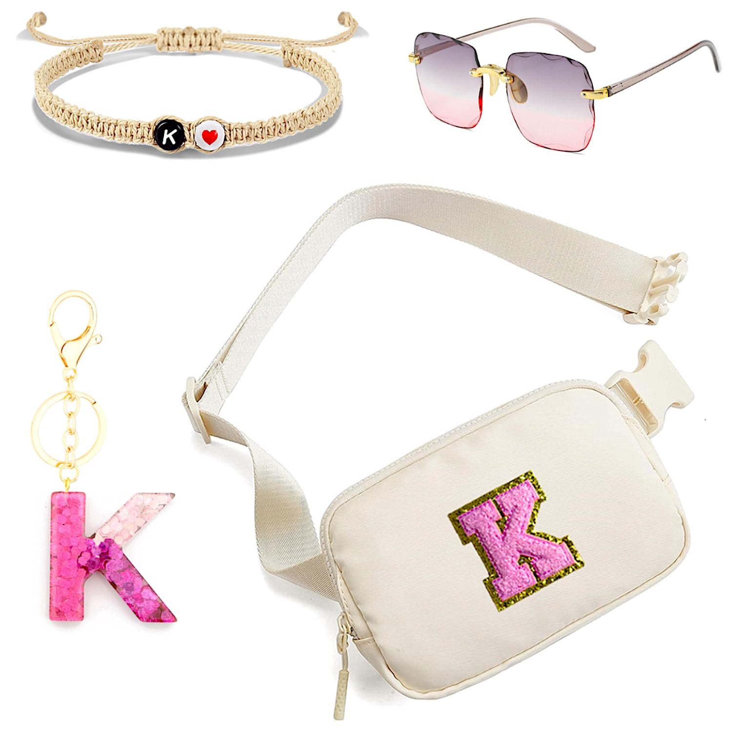 10 year old girl birthday gifts, Initial Fanny Pack Belt Bag for Teen Girls-,Bracelet, Keychain & Sunglasses (K)