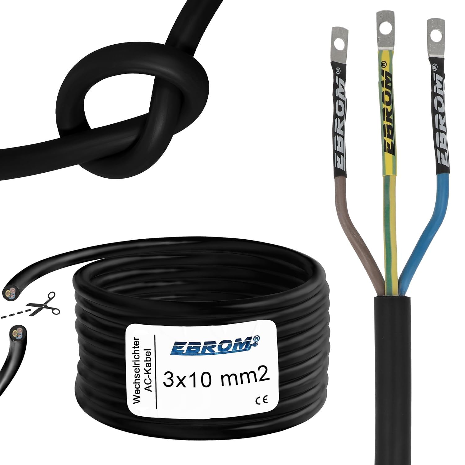 EBROM Inversor de goma H07RN-F 3 x 10 mm², cable de goma para terminales de cable PV + DIN M6, de 1 a 25 metros, 10 mm², ideal para conexión de inversor fotovoltaico (conexión por tornillo) 13 m