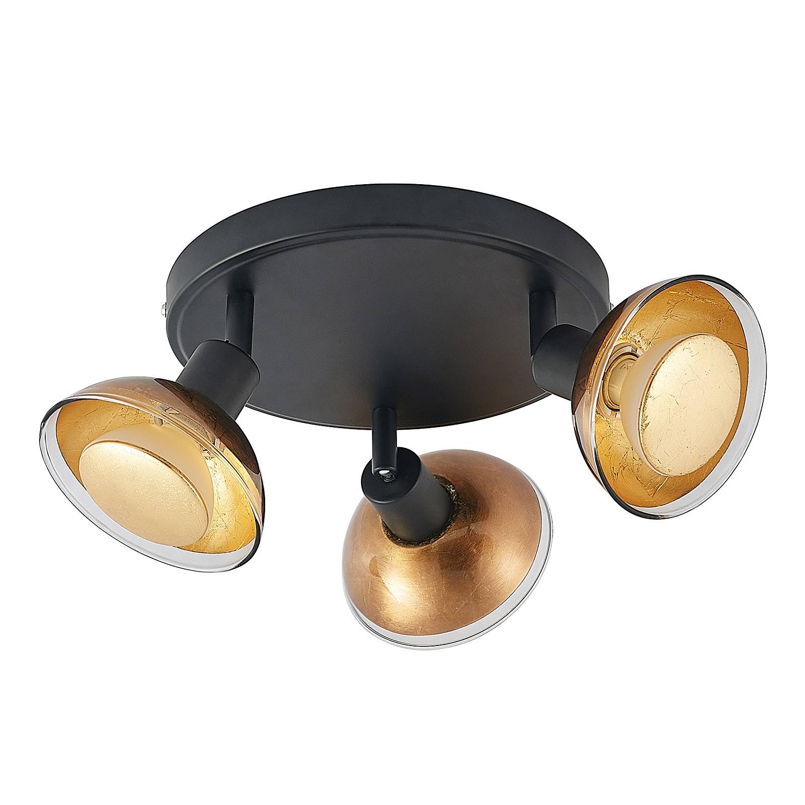 Lindby Erin Spot Ceiling Lamp installed on a ceiling, showing three adjustable spotlights with gold interiors.