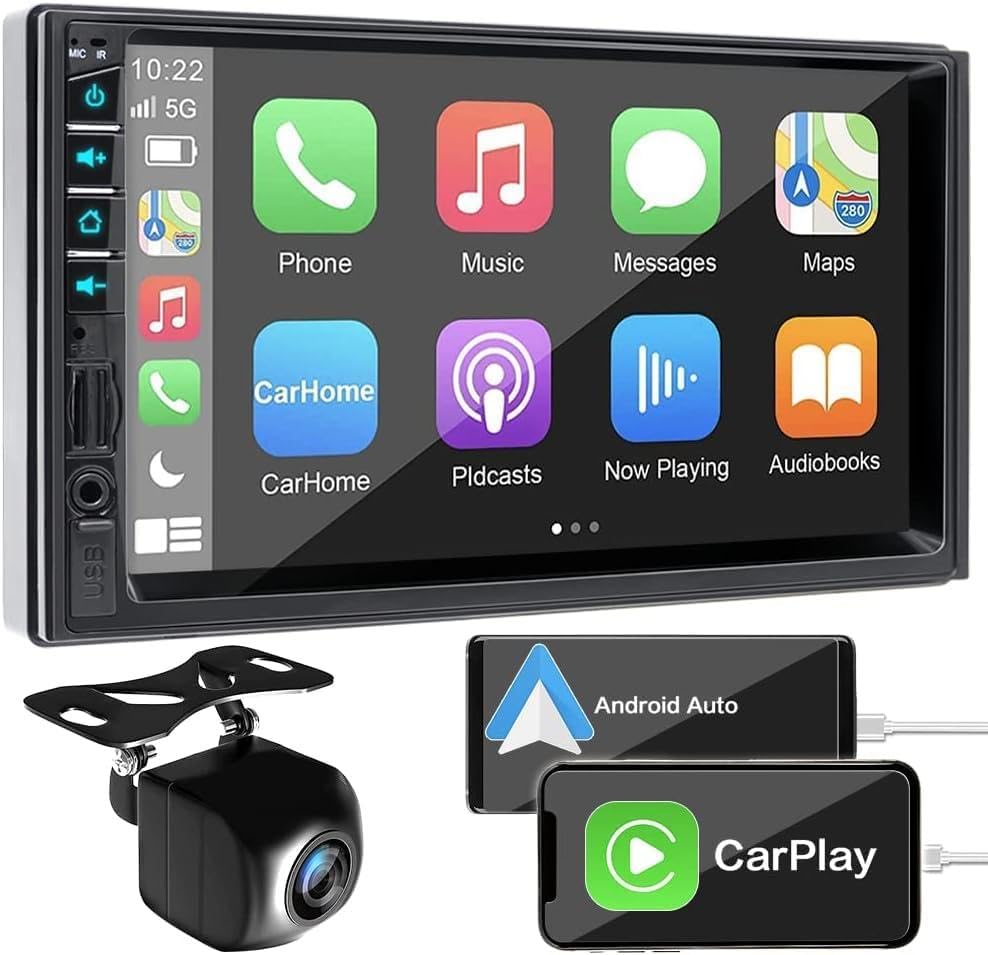 7 inch Double Din Car Stereo for Wireless Carplay & Android Auto with Voice Control,Bluetooth5.2 MirrorLink, Car Radio with Backup Camera,Touch Screen SWC/USB/SD AM/FM/AUX