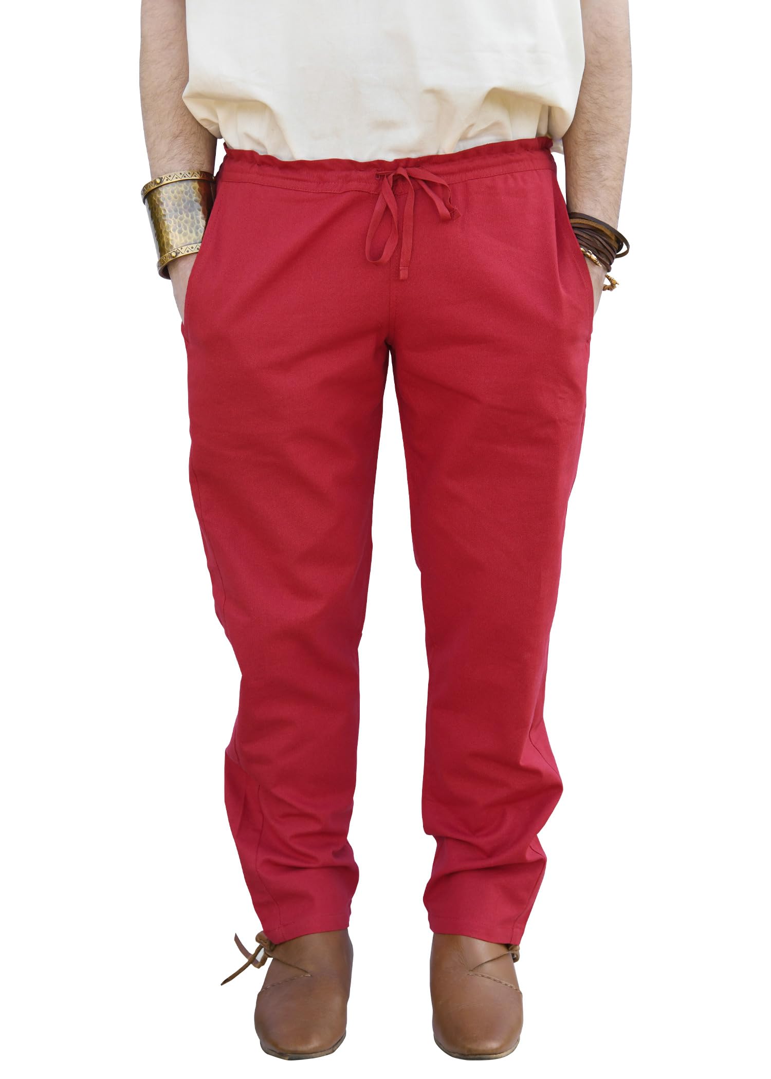 Battle-Merchant Men's Red Hagen - ’S Medieval Knight Loose Trousers - Straight Cut - Larp Viking Pirate Costume - Cotton - M