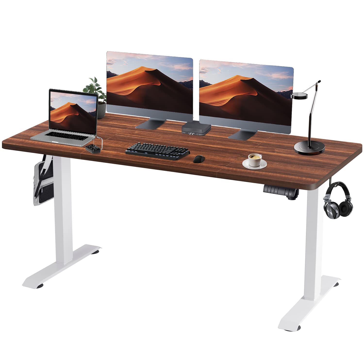 Devoko Electric Standing Desk 160x80cm Height Adjustable Standing Desk with Wood Desktop Thickness 2.5cm Sit Stand Desk Stand Up Desk Heavy Duty Steel 4-Memory Smart Pannel(Walnut Desktop)