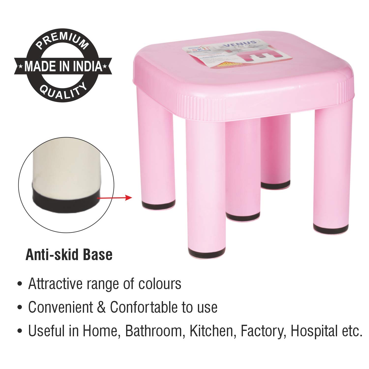 Ski Venus Jumbo Plastic Stool | Strong & Unbreakable | Anti-Slip | Useful in Bathroom/Office/Kitchen/Hospital/Factory (Pink)