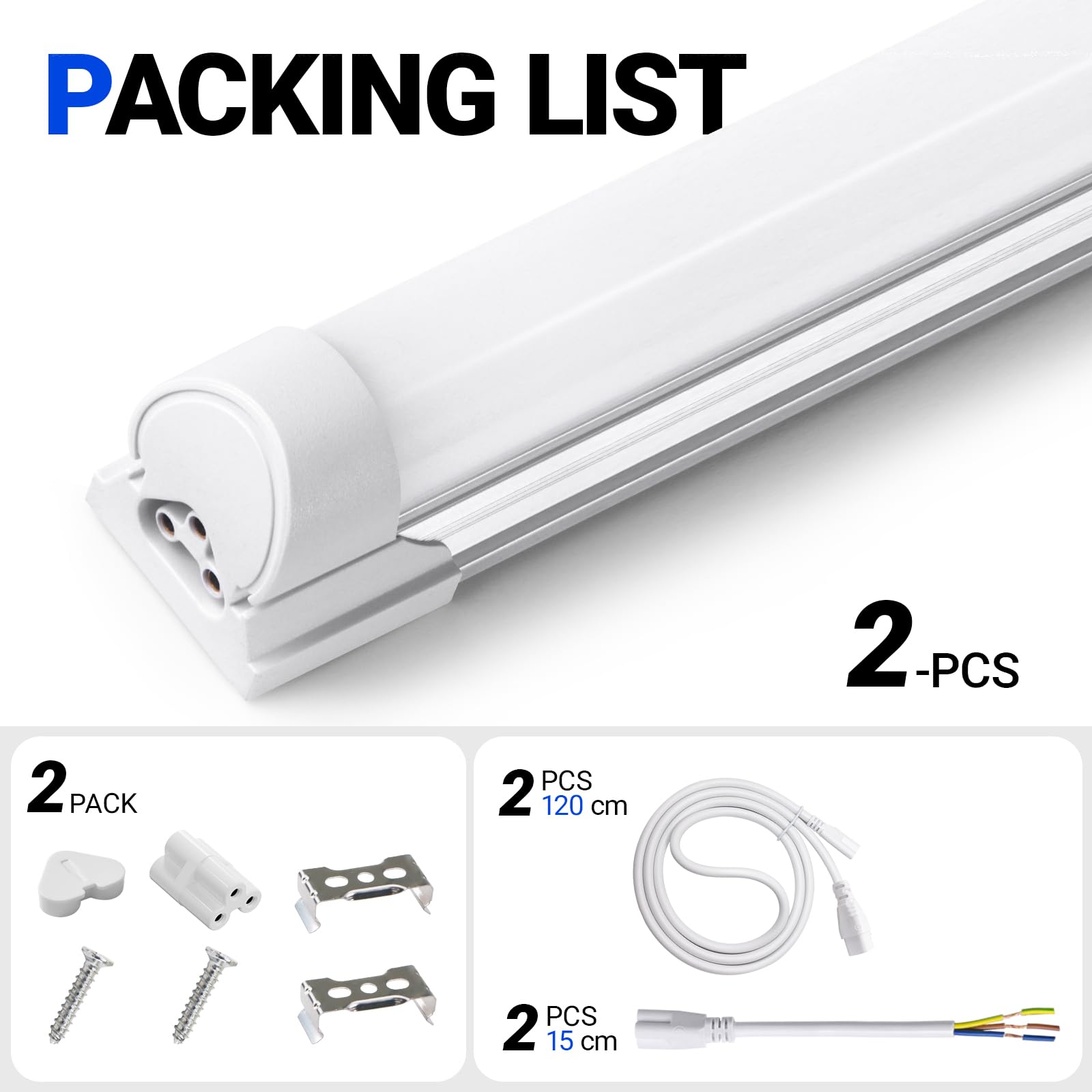 Barrina Lot de 2 lampes T8 Batten Light 117 cm, 36 W, 4200 lm, blanc froid 4000 K