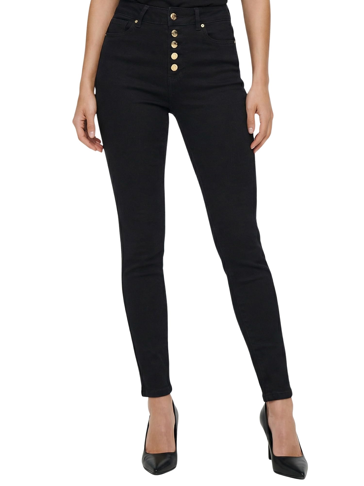 Tazzio Damen Jeans Skinny Fit, High Waist, Stretch, goldene Knopfleiste F136