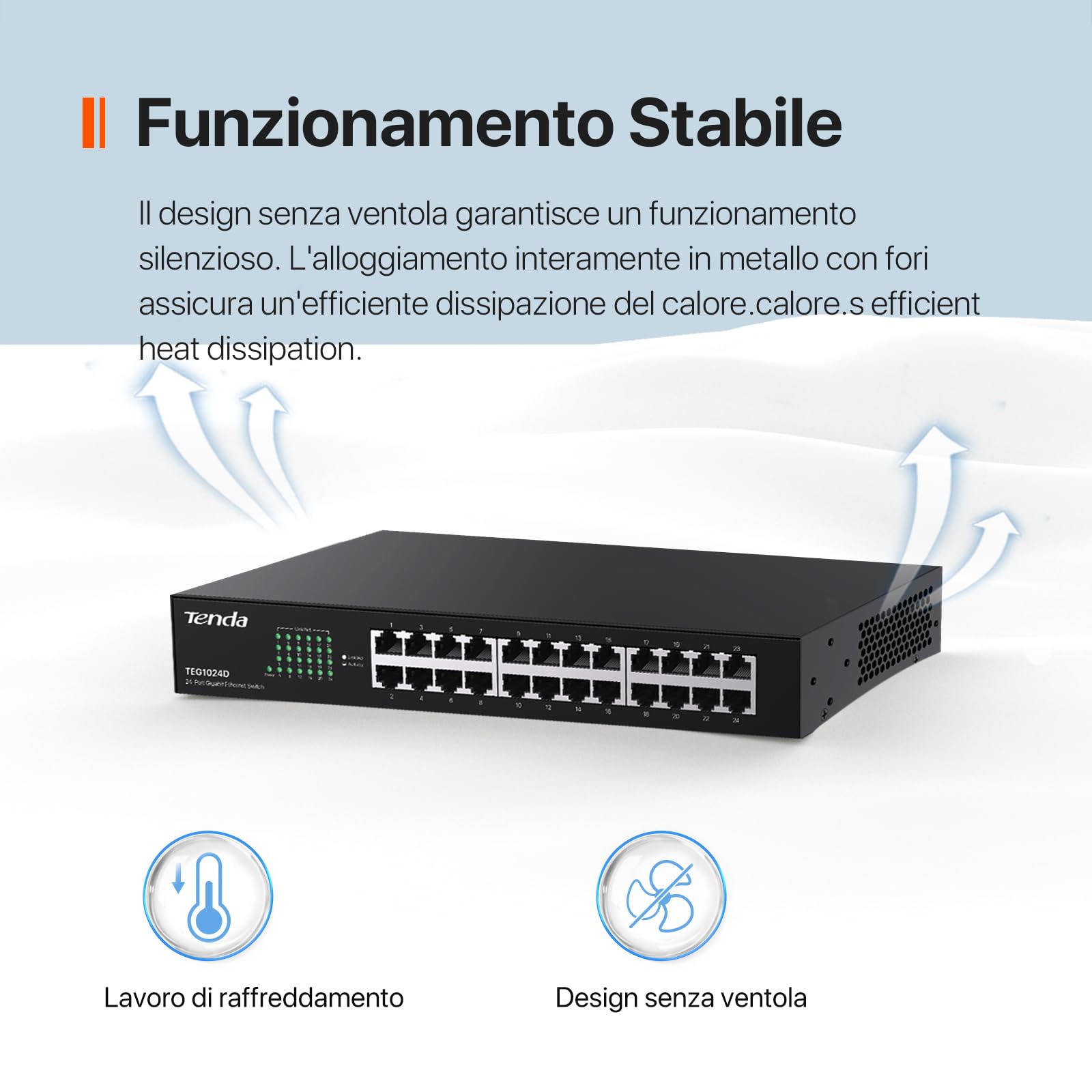 Tenda TEG1024D Switch Ethernet 24 Porte Gigabit, Switch Rete 10/100/1000 Mbps, Montaggio Desktop/Wall/Rack, Protezione Contro i fulmini, Funzionamento Silenzioso, Plug & Play, Metallo