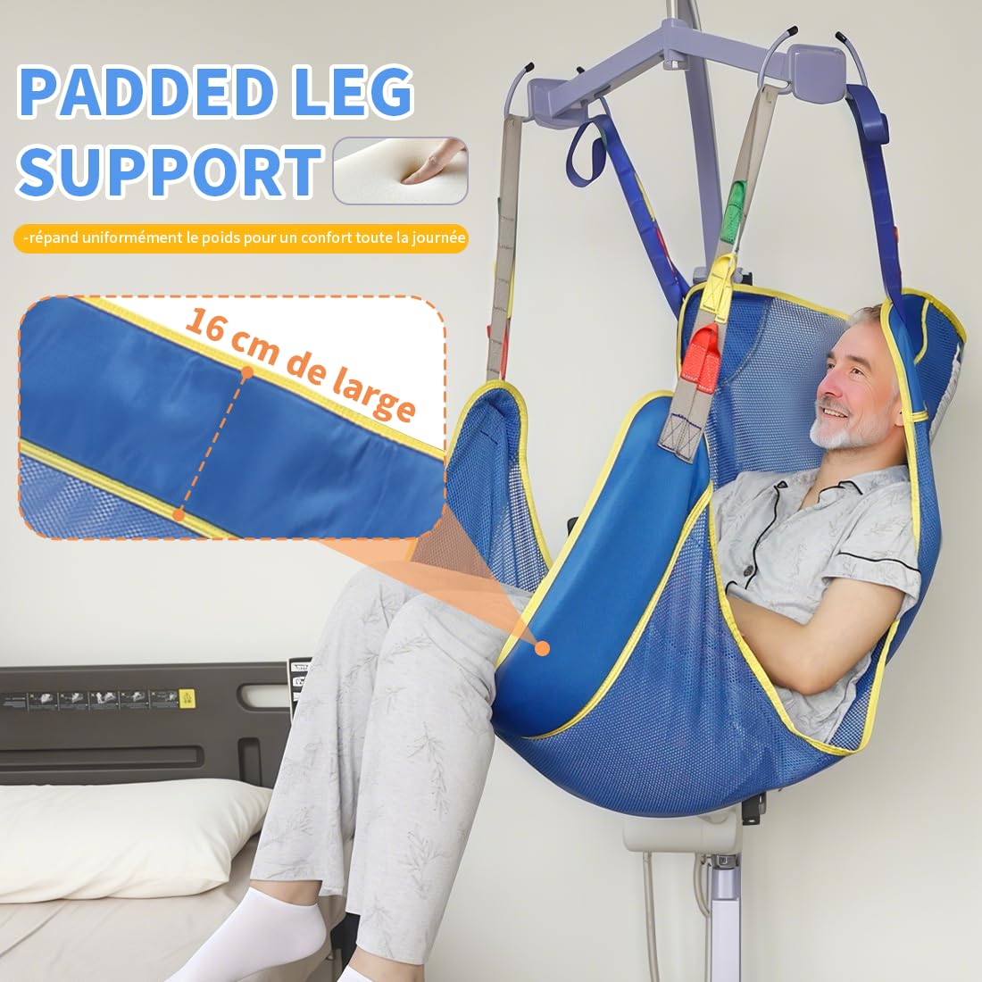 Sangle de Levage Universelle pour Patient, Sangle de Levage Médical pour Positionnement au Lit/Bain/Transfert pour Personnes Âgées, Handicapées, Patients Alités (Bleu, Taille Moyenne)