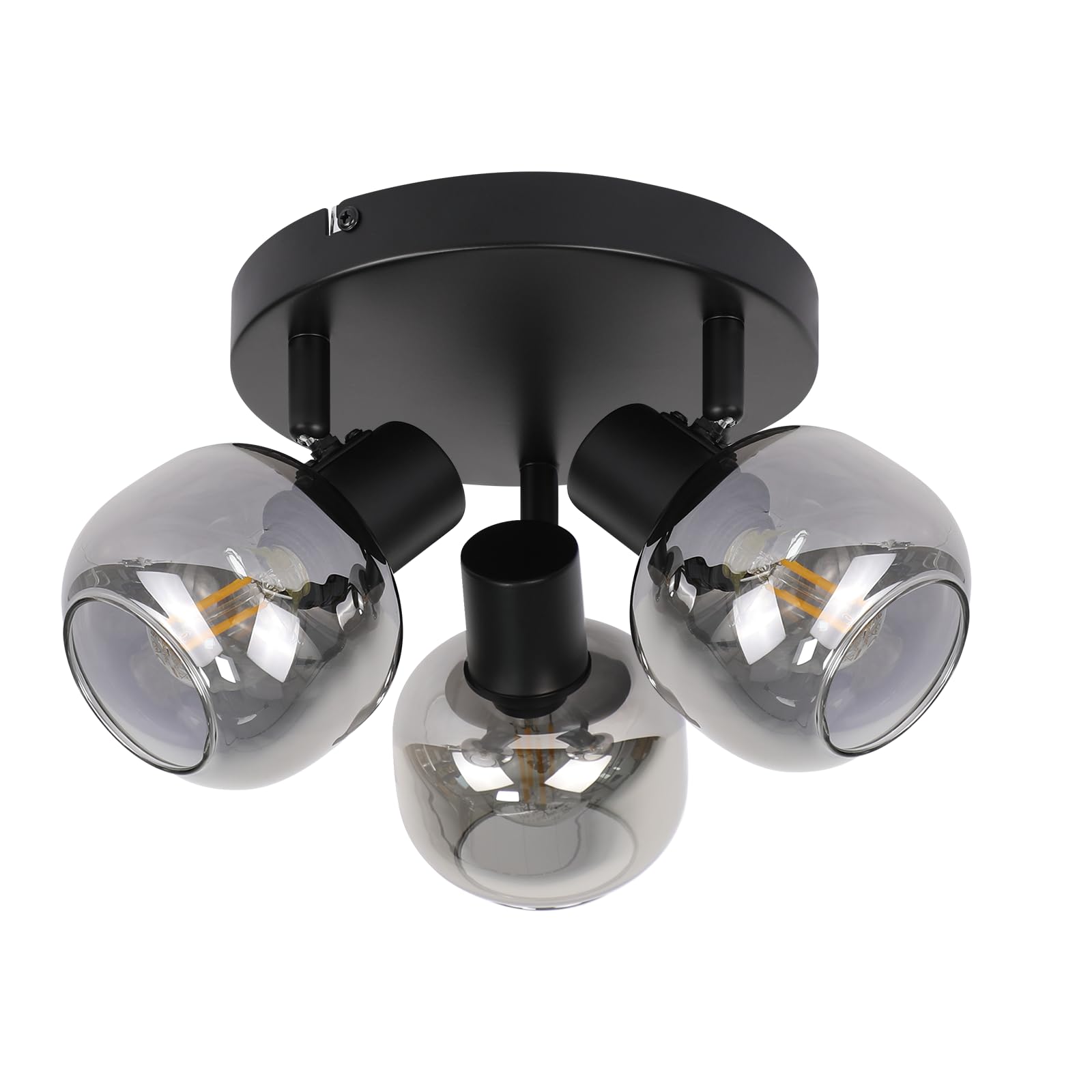 CBJKTX Deckenstrahler 3 Flammig Deckenspots Schwarz - 350° Schwenkbar E14 Spots Glas Strahler Rauchgrau Modern küchenlampe für Flur Küche Wohnzimmer（Ohne Lichtquelle）