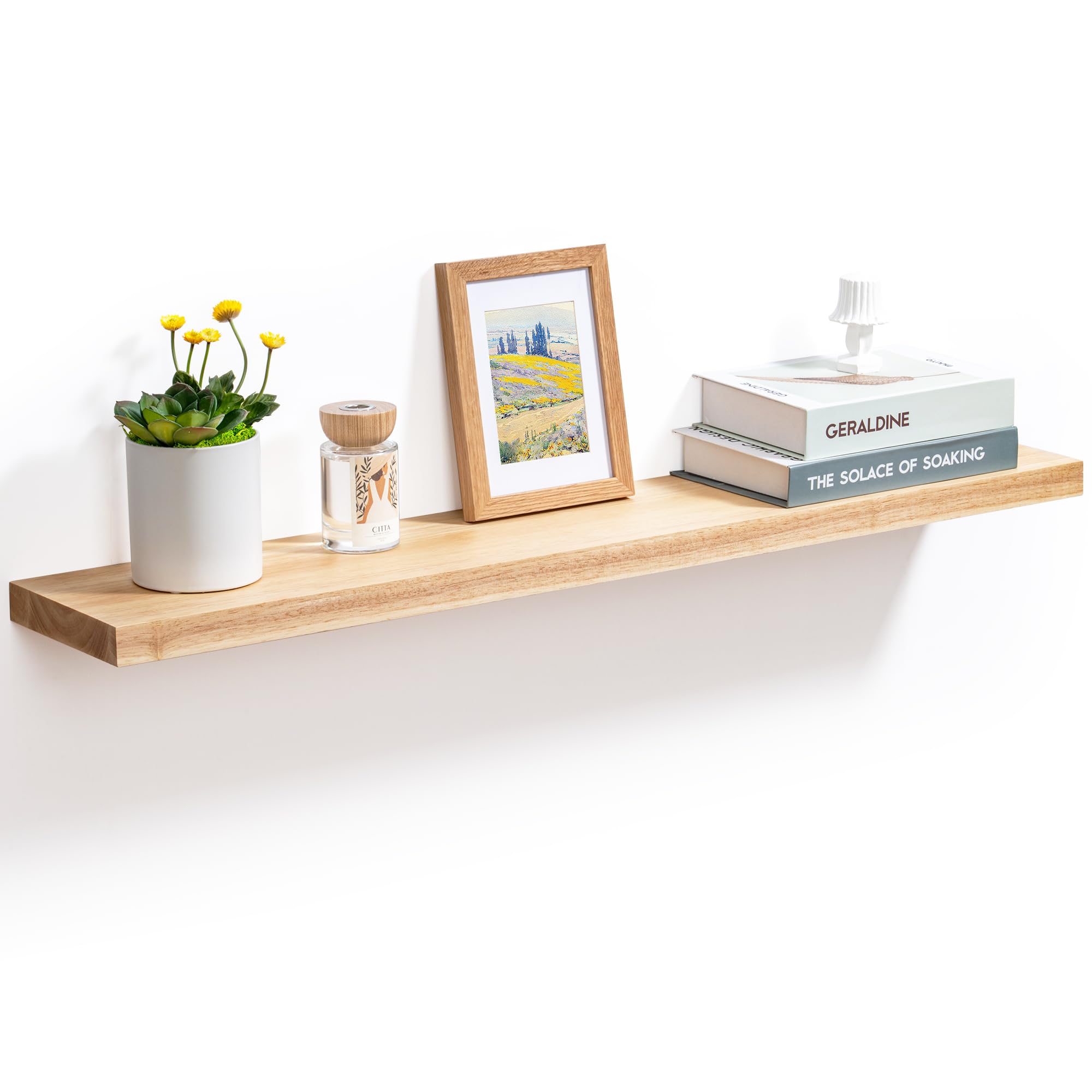 Photo 1 of Floating Shelves for Wall, 36 Inch Rustic Hardwood Floating Wall Shelves for Home Decor & Storage, Wall Mounted Wooden Shelves for Bathroom, Kitchen, Living Room, 36" W x 6.7" D x 1.2" H, Oak Color Oak 36 Inch, Set of 1