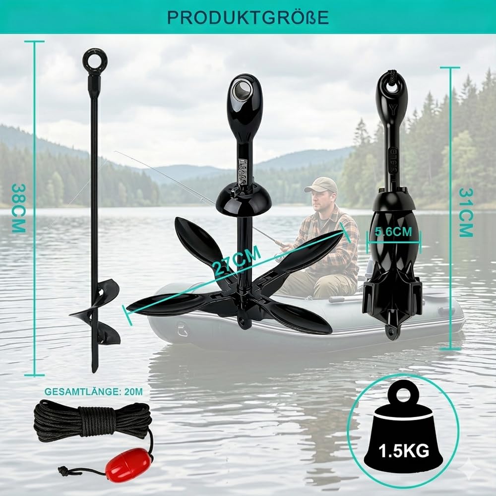 Ancoraggio per barca, 1,59 kg, pieghevole, con corda da 12 m, moschettone e ancoraggio a spirale, per SUP e gommoni