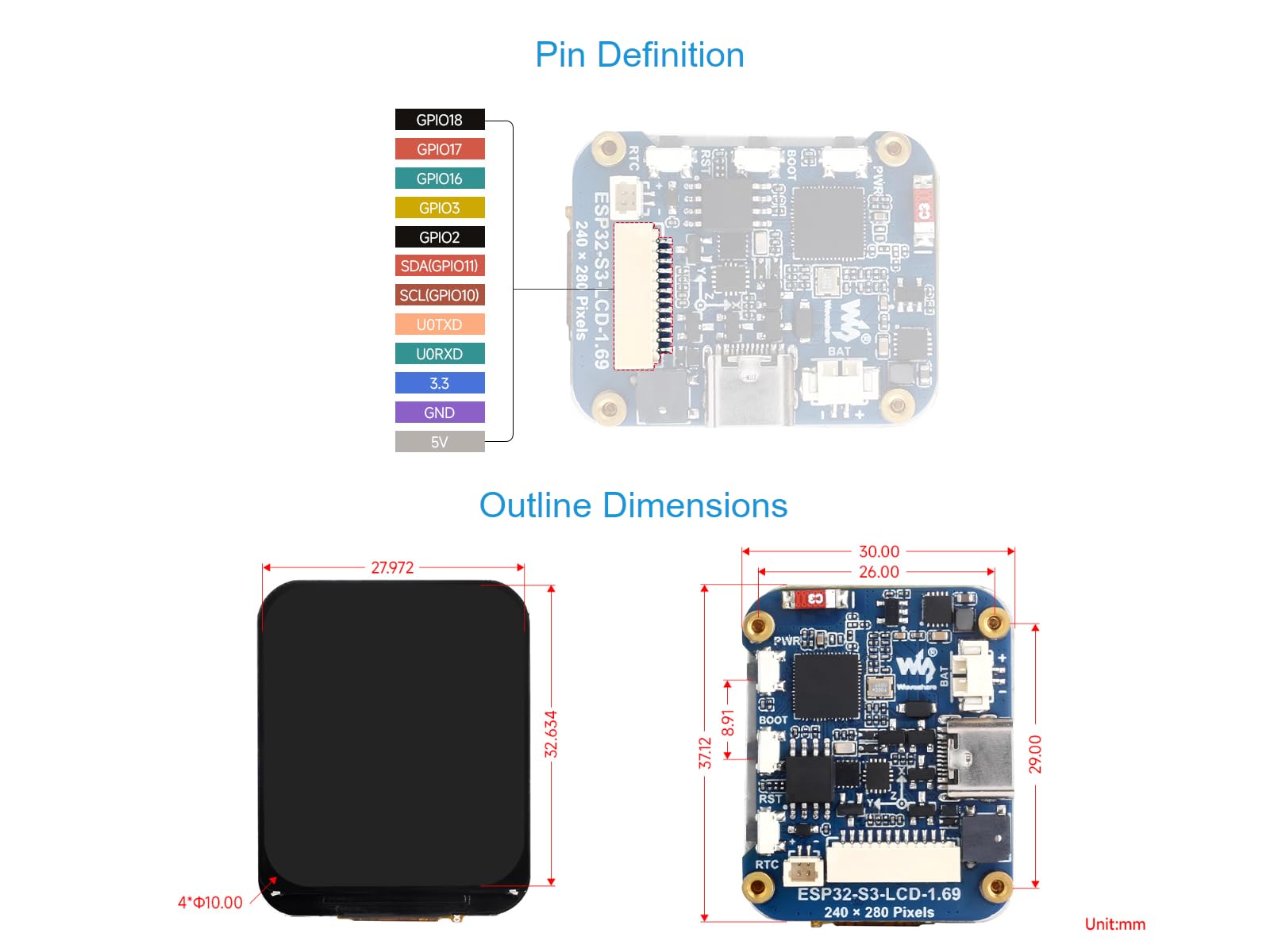 Waveshare ESP32-S3 Development Board with 1.69inch LCD Display,240×280 Pixels 262K Color Micro LCD Display with ESP32-S3,Embedded with ST7789V2 Display Driver,SPI Communication
