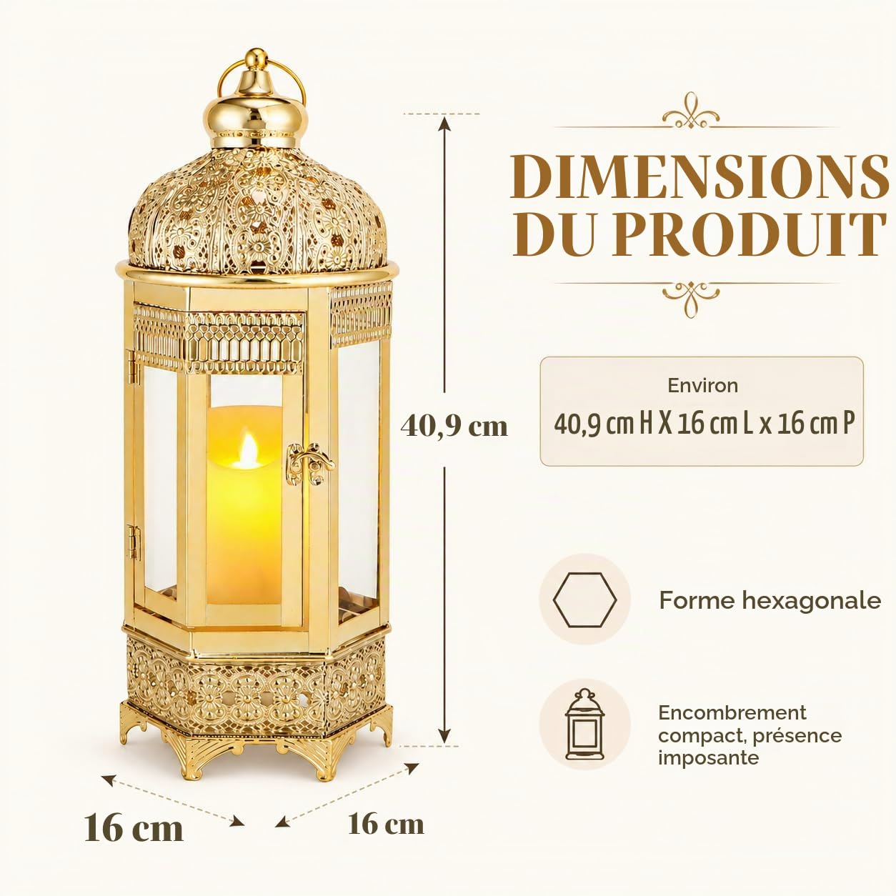 TRIROCKS Lanterne Marocaine 41 cm de Haut Bougeoir doré avec Verre trempé Lanterne décorative d'intérieur et d'extérieur pour Le Ramadan, pour Le Salon, Le Jardin, Le Patio et Les fêtes (doré)