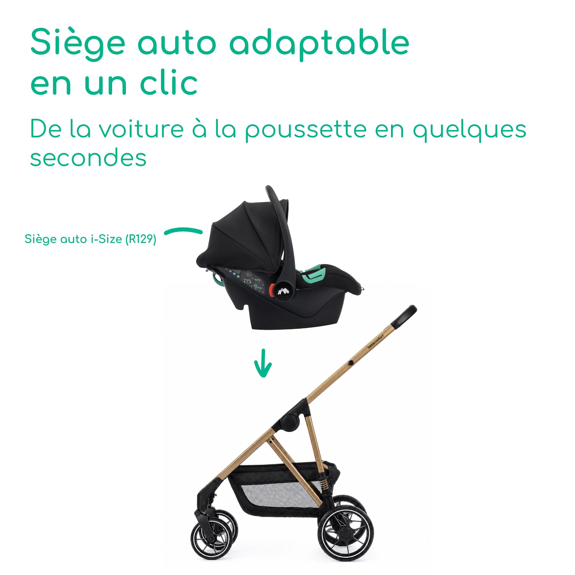Bebeconfort Zaria Trio, Poussette Trio avec Accessoires, 0-22 kg, Noir/Or | Poussette 3 en 1 avec Siège Auto Bébé, Siège Réversible et Inclinable 2-en-1, Suspension aux 4 Roues, Panier 5 kg