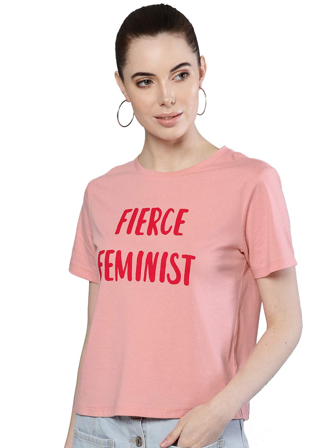 BESIVAWomen's Half Sleeve Fierce Feminist Printed Crop T-Shirt