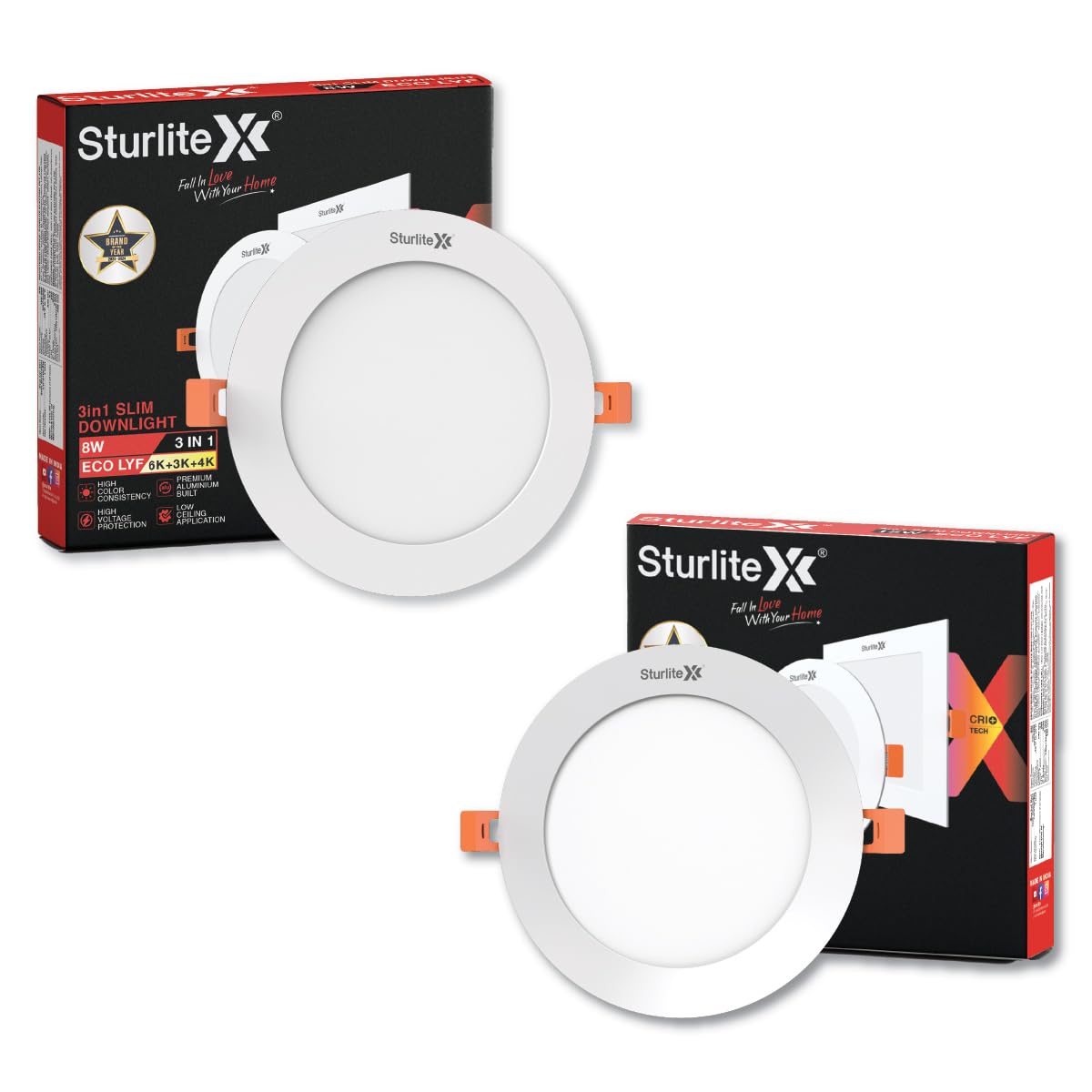 Sturlite Eco LYF 8W (3 in1) Round LED Downlight| Warm, Neutral & Cool White Color Temperature| 640 Lumens with CRI Tech for Various Ceiling Types and Rooms - (Pack of 2)