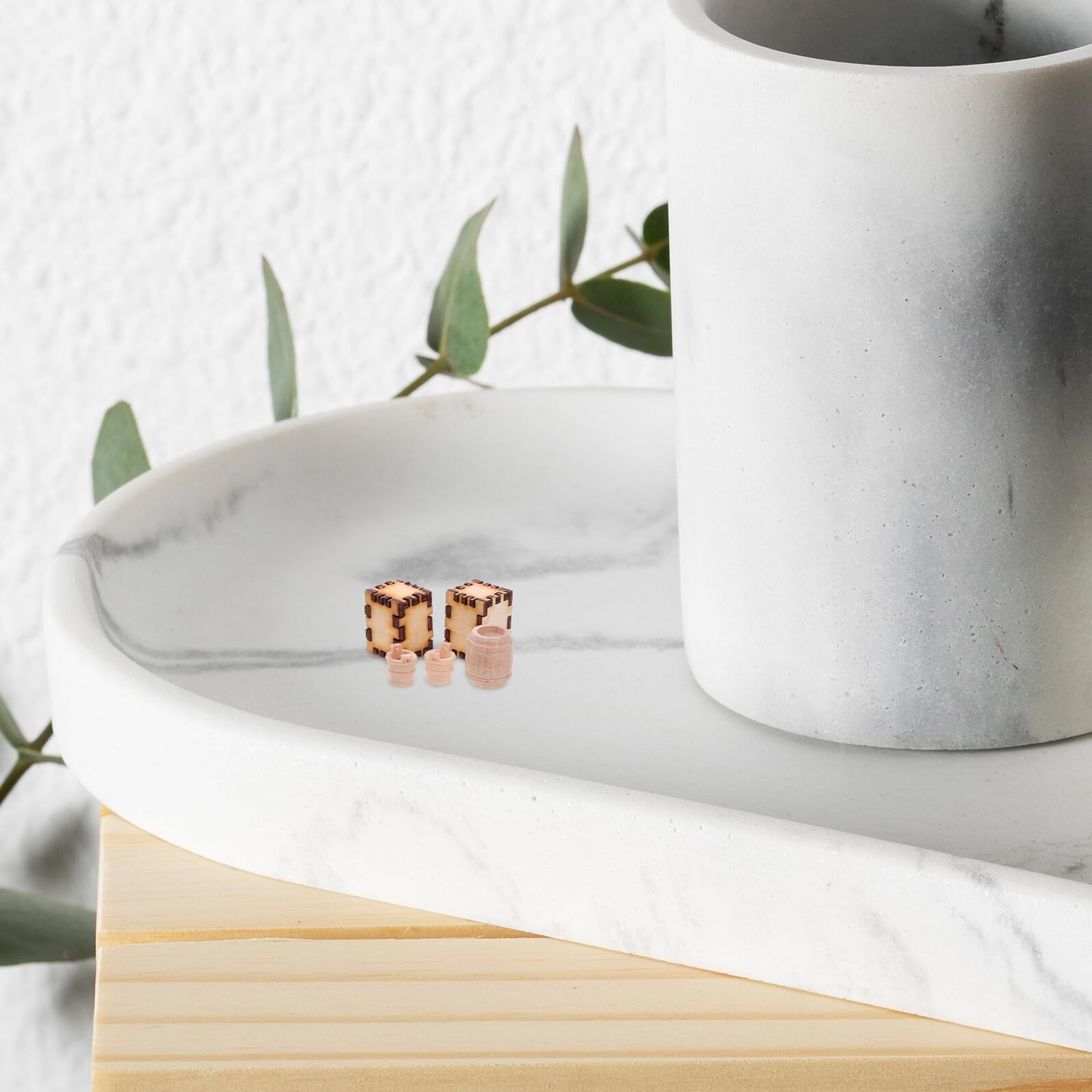 6pcs Miniature Wooden Barrels Set with Mini Keepsake Box and Tiny Wood Pails for Fairy Garden, Dollhouse Drink Accessories, Terrarium Decoration, Vintage Ship Model Parts