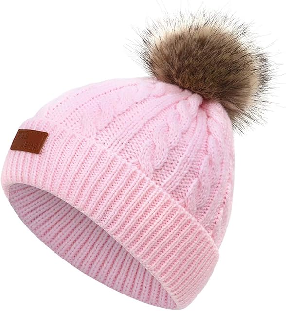 Anywow Toddler Kids Winter Warm Hats Chunky Cable Knitted Bobble Cap Faux Fur Pompom Beanies Ski Cap for Baby Girls Boys 1-5Years
