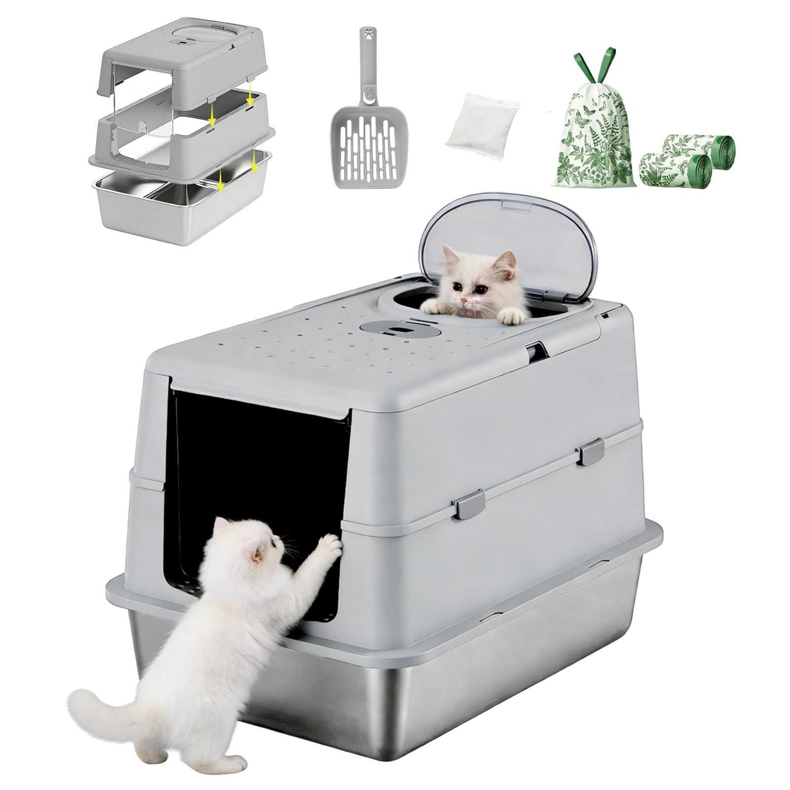 Guiwuiyu Cat Litter Box, Stainless Steel Cat Litter Tray with Lid, Removable Flip Cover & Enclosed High-Sided Designs, Easy to Clean, Non-Odor, Anti-Leakage, Non-Sticky, With Scoop & 120 Trash Bag
