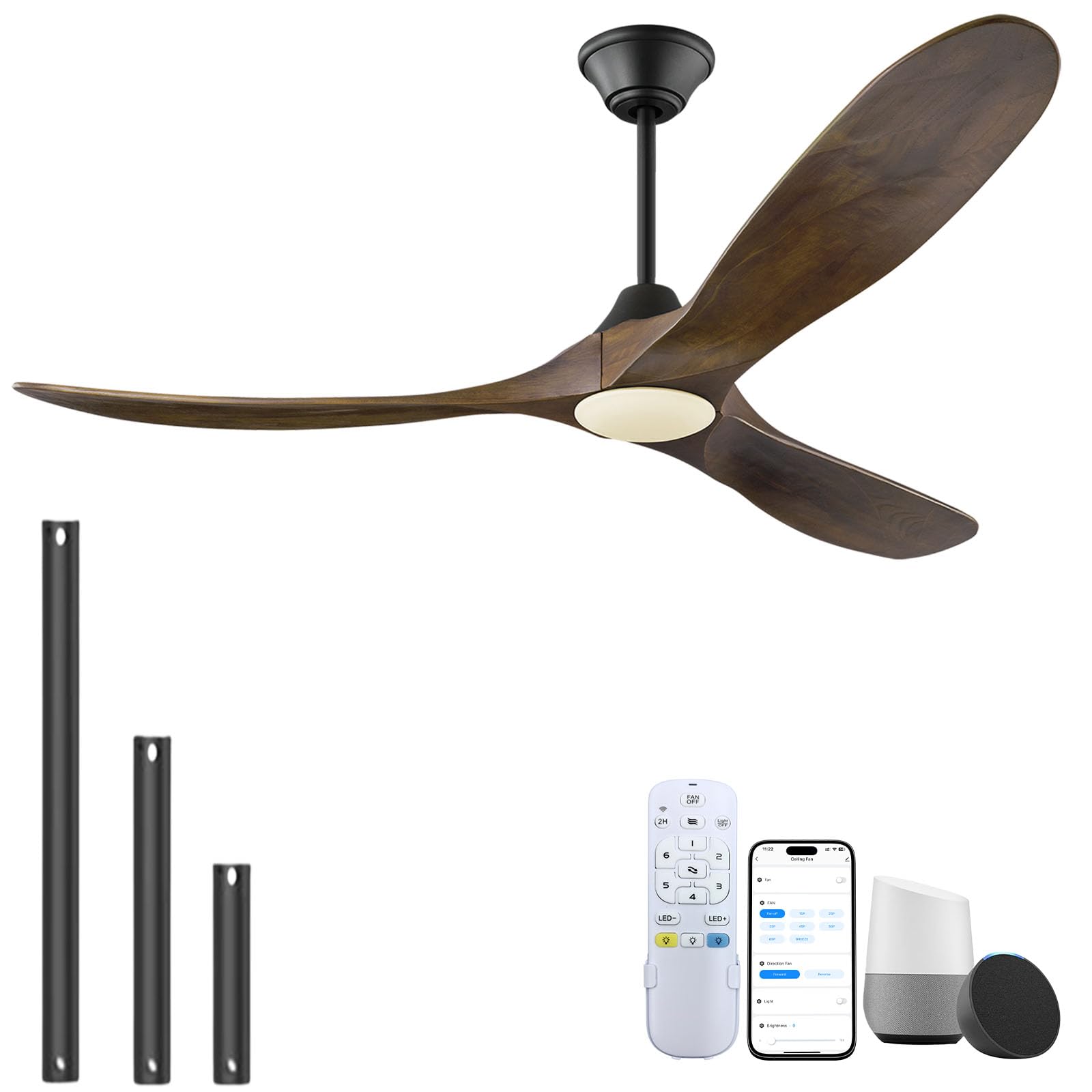 Photo 1 of 60 Inch Outdoor Ceiling Fan with Light, Damp Rated for Patio, Smart Alexa/App/Remote Control, 3 Walnut Wood Propeller Blades, High CFM Quiet DC Motor, Modern Farmhouse for Indoor Exterior Porch