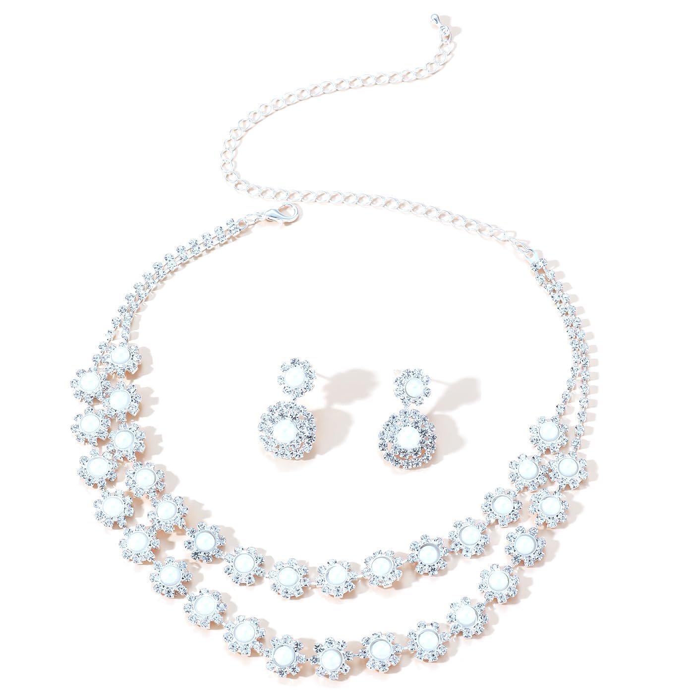 Supra Diamanto Silver Bridal Necklace Earrings Set Bridel Wedding Jewelry Set Rhinestone Choker Necklace for Women (2 piece set)